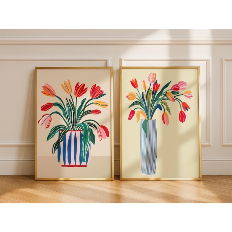 Home Decor Tulip - 2 Buah Seni Dinding Kanvas Bunga